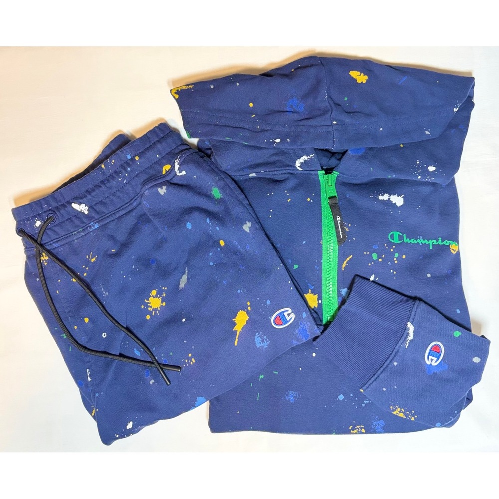 Champion Mens Navy Paint Splatter Quarter Zip Hoodie and Shorts Set Size Large